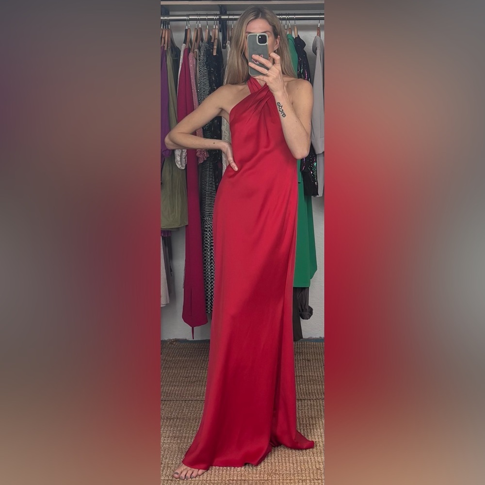 NWT BHLDN Anthropologie Red Halter Open Back Satin Effect Maxi Gown Dress - Picture 4 of 11